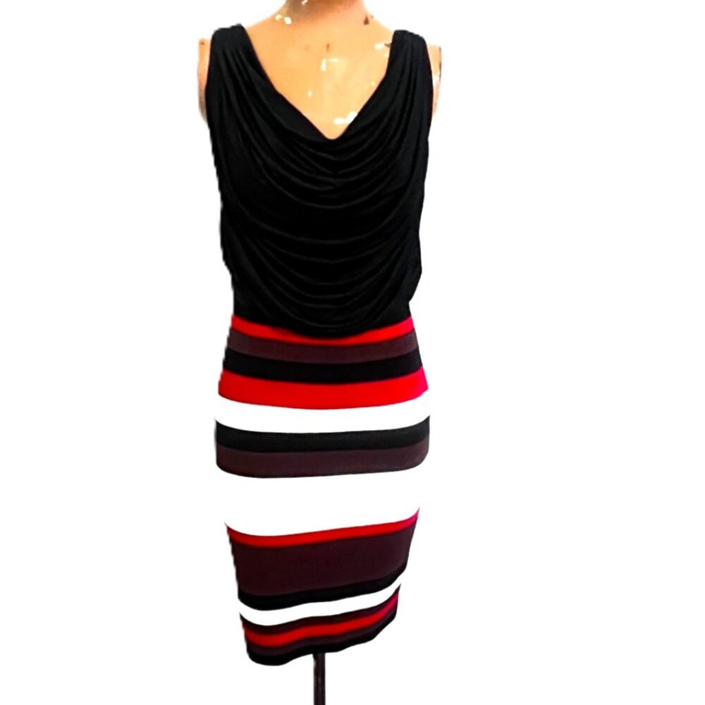 NWT FREEWAY Anthropologie Small Bodycon Striped Knit Skirt Draped Black Neck Y2K